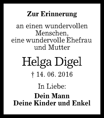 Anzeige von Helga Digel von Reutlinger General-Anzeiger