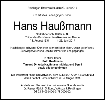 Anzeige von Hans Haußmann von Reutlinger General-Anzeiger