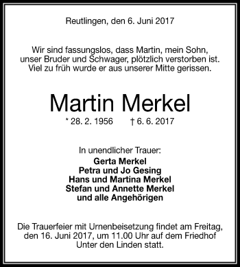 Anzeige von Martin Merkel von Reutlinger General-Anzeiger