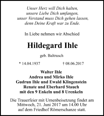 Anzeige von Hildegard Ihle von Reutlinger General-Anzeiger
