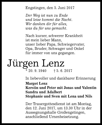 Anzeige von Jürgen Lenz von Reutlinger General-Anzeiger