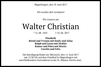 Anzeige von Walter Christian von Reutlinger General-Anzeiger