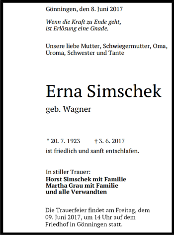Anzeige von Erna Simschek von Reutlinger General-Anzeiger