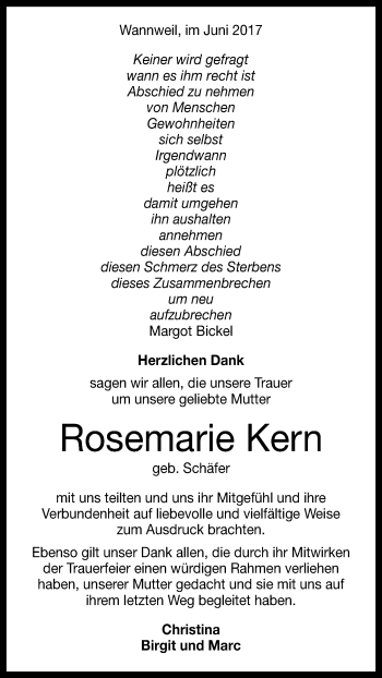 Anzeige von Rosemarie Kern von Reutlinger General-Anzeiger
