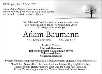 Anzeige von Adam Baumann von Reutlinger General-Anzeiger