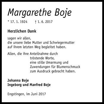 Anzeige von Margarethe Boje von Reutlinger General-Anzeiger