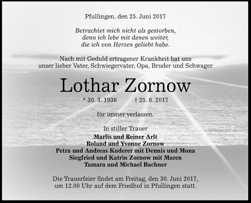  Traueranzeige für Lothar Zornow vom 28.06.2017 aus Reutlinger General-Anzeiger