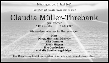 Anzeige von Claudia Müller-Threbank von Reutlinger General-Anzeiger