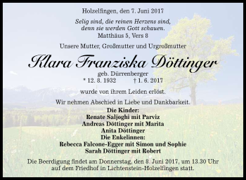 Anzeige von Klara Franziska Döttinger von Reutlinger General-Anzeiger