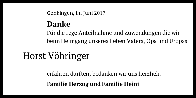  Traueranzeige für Horst Vöhringer vom 27.06.2017 aus Reutlinger General-Anzeiger