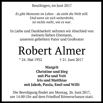 Anzeige von Robert Almer von Reutlinger General-Anzeiger