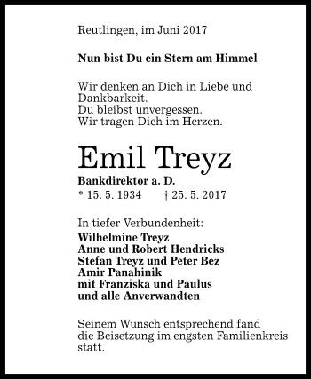 Anzeige von Emil Treyz von Reutlinger General-Anzeiger