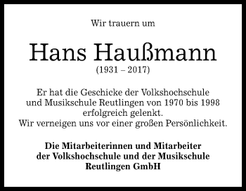 Anzeige von Hans Haußmann von Reutlinger General-Anzeiger