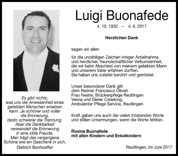 Anzeige von Luigi Buonafede von Reutlinger General-Anzeiger