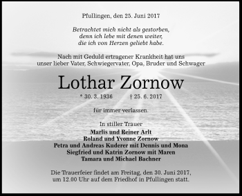 Anzeige von Lothar Zornow von Reutlinger General-Anzeiger