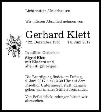 Anzeige von Gerhard Klett von Reutlinger General-Anzeiger