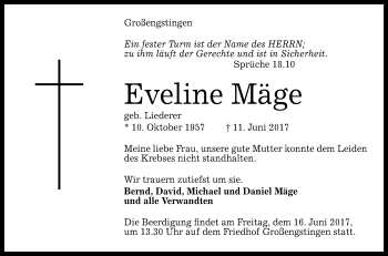 Anzeige von Eveline Mäge von Reutlinger General-Anzeiger