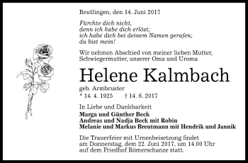Anzeige von Helene Kalmbach von Reutlinger General-Anzeiger