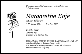 Anzeige von Margarethe Boje von Reutlinger General-Anzeiger