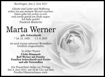 Anzeige von Maria Werner von Reutlinger General-Anzeiger