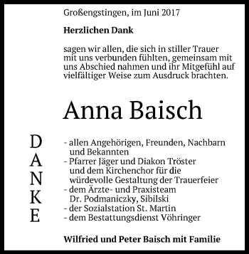 Anzeige von Anna Baisch von Reutlinger General-Anzeiger