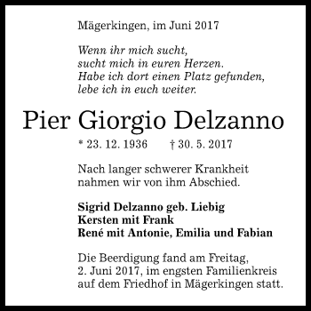 Anzeige von Pier Giorgio Delzanno von Reutlinger General-Anzeiger