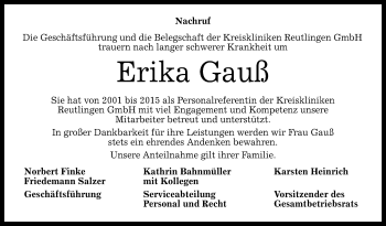 Anzeige von Erika Gauß von Reutlinger General-Anzeiger