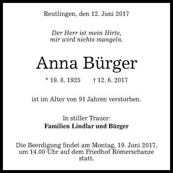Anzeige von Anna Bürger von Reutlinger General-Anzeiger