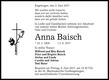 Anzeige von Anna Baisch von Reutlinger General-Anzeiger