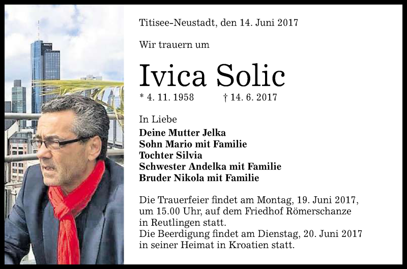 Traueranzeige für Ivica Solic vom 17.06.2017 aus Reutlinger General-Anzeiger