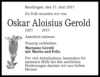 Anzeige von Oskar Aloisius Gerold von Reutlinger General-Anzeiger