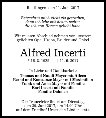 Anzeige von Alfred Incerti von Reutlinger General-Anzeiger