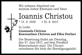 Anzeige von Ioannis Christou von Reutlinger General-Anzeiger