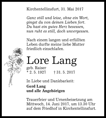 Anzeige von Lore Lang von Reutlinger General-Anzeiger