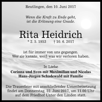 Anzeige von Rita Heidrich von Reutlinger General-Anzeiger