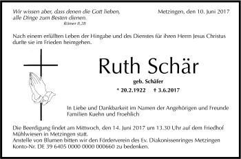 Anzeige von Ruth Schär von Reutlinger General-Anzeiger
