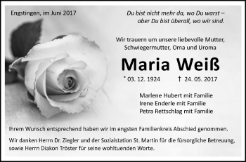 Anzeige von Maria Weiß von Reutlinger General-Anzeiger