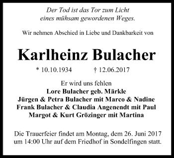 Anzeige von Karlheinz Bulacher von Reutlinger General-Anzeiger