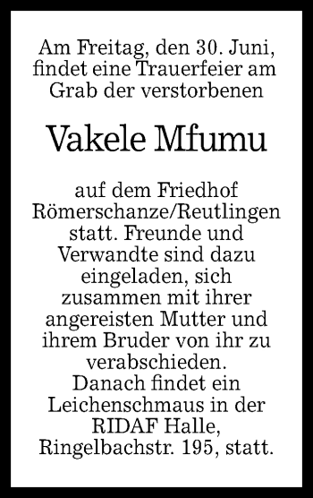 Anzeige von Vakele Mfumu von Reutlinger General-Anzeiger