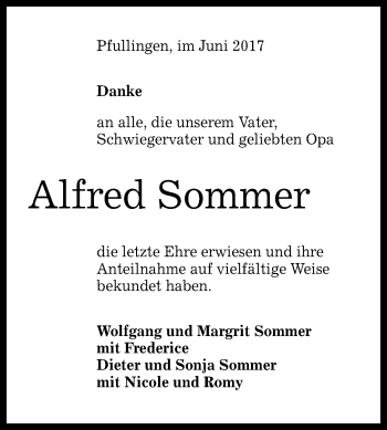 Anzeige von Alfred Sommer von Reutlinger General-Anzeiger