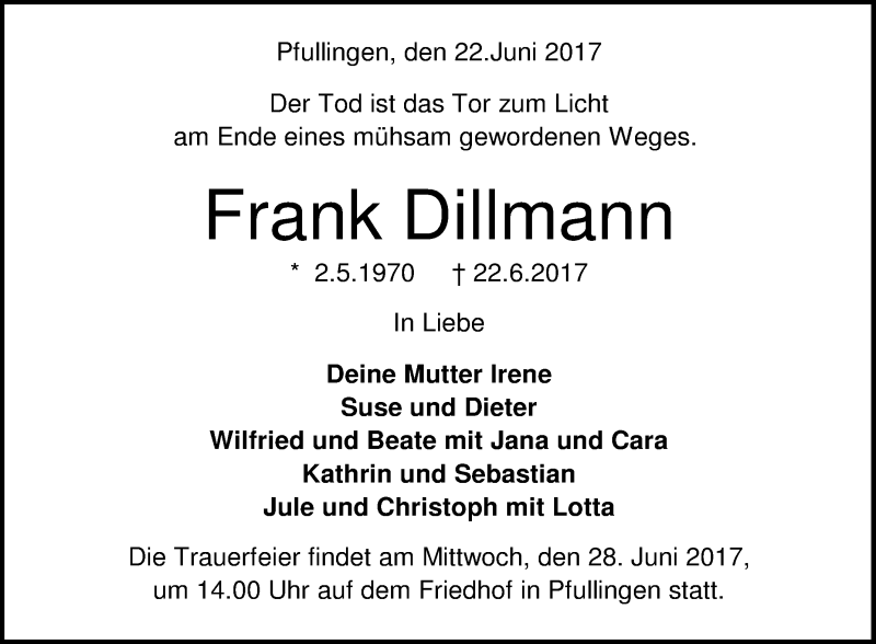  Traueranzeige für Frank Dillmann vom 26.06.2017 aus Reutlinger General-Anzeiger