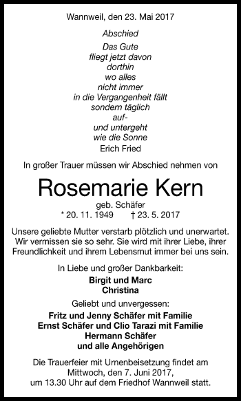 Anzeige von Rosemarie Kern von Reutlinger General-Anzeiger