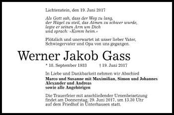 Anzeige von Werner Jakob Gass von Reutlinger General-Anzeiger