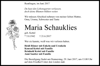 Anzeige von Maria Schauklies von Reutlinger General-Anzeiger