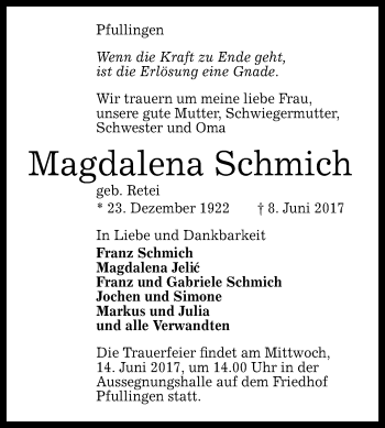 Anzeige von Magdalena Schmich von Reutlinger General-Anzeiger
