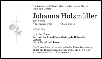 Anzeige von Johanna Holzmüller von Reutlinger General-Anzeiger