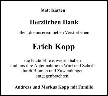 Anzeige von Erich Kopp von Reutlinger General-Anzeiger