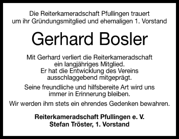 Anzeige von Gerhard Bosler von Reutlinger General-Anzeiger