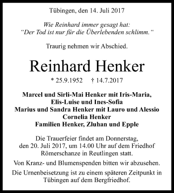 Anzeige von Reinhard Henker von Reutlinger General-Anzeiger