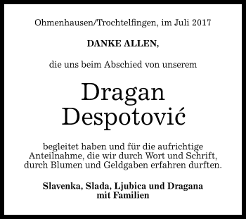Anzeige von Dragan Despotovic von Reutlinger General-Anzeiger
